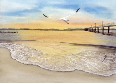 Poster DIN-A4  Sonnenuntergang Strand Aquarell Maritim Kunst Druck Kunstdruck Dänemark Nordsee Düne Dünen Meer Möwe Ostsee